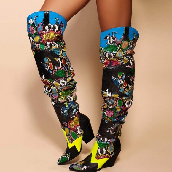 HILDA OVER THE KNEE THIGH HIGH CHUNKY LOW HEEL BOO - Picture 1 of 5